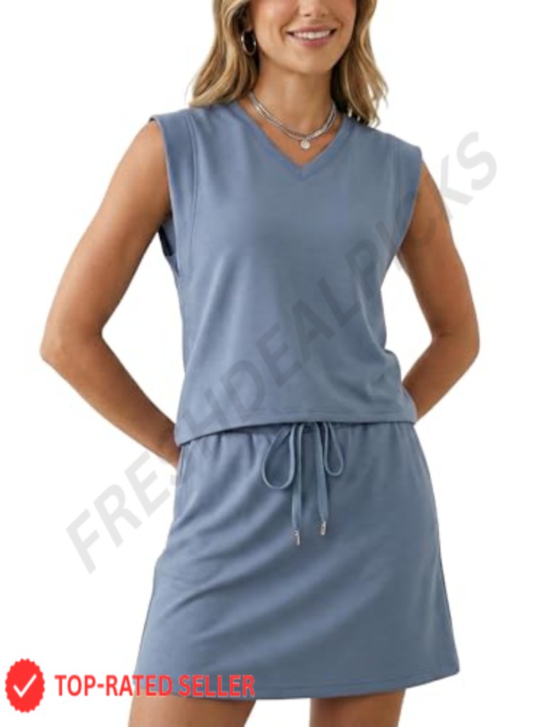Women's 2 Piece Skort Set Sleeveless V-Neck Top Tennis Skirt With Pockets